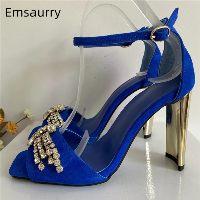 Luxury Suede Ankle Strap Modern Sandals Women Unique Strange Heel Jeweled Crystal Decor Party Shoes Summer