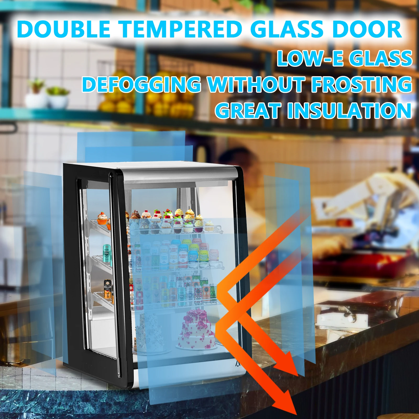 Commercial Countertop Display Refrigerator, 5.2 Cu Ft Cake Beverage Cooler with Double-Layer Tempered Glass, LED Lighting, Digital Temperature Control, Adjustable Shelves, Auto Defrost, 110V