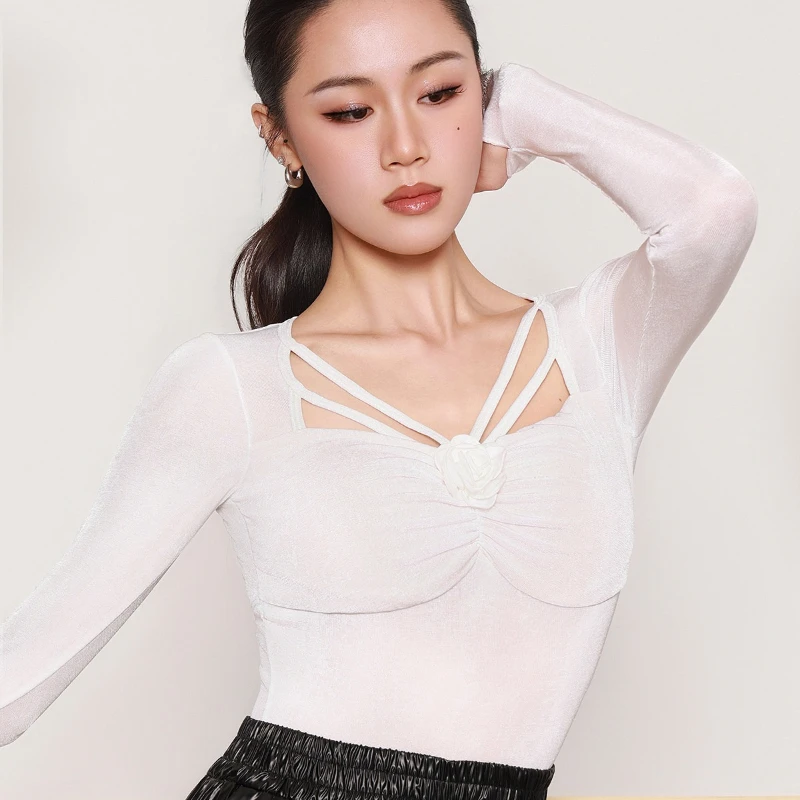 2026new-women's-long-sleeve-latin-dance-leotard-black-white-for-rumba-samba-salsa-sexy-latin-dance-practice-wear