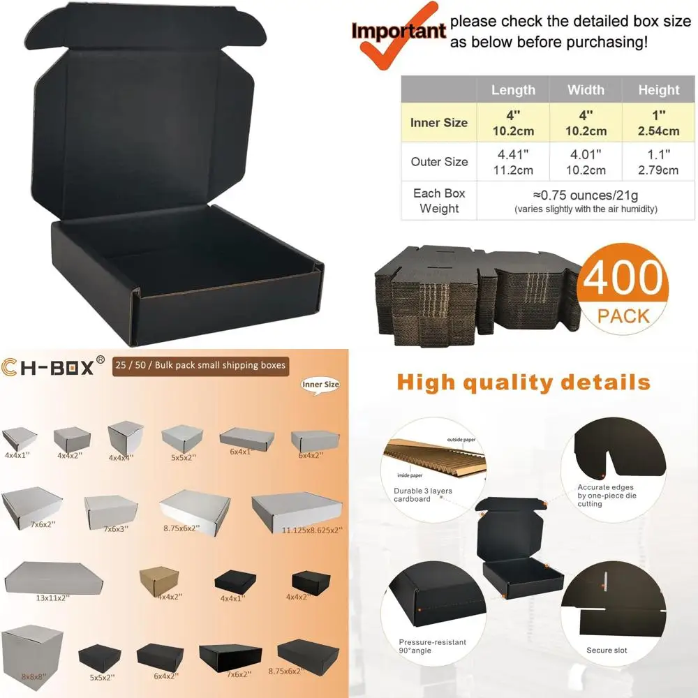 

400 Pack 4x4x1 Small Shipping Boxes, Corrugated Cardboard Mailers, Business Mailing Boxes, Black