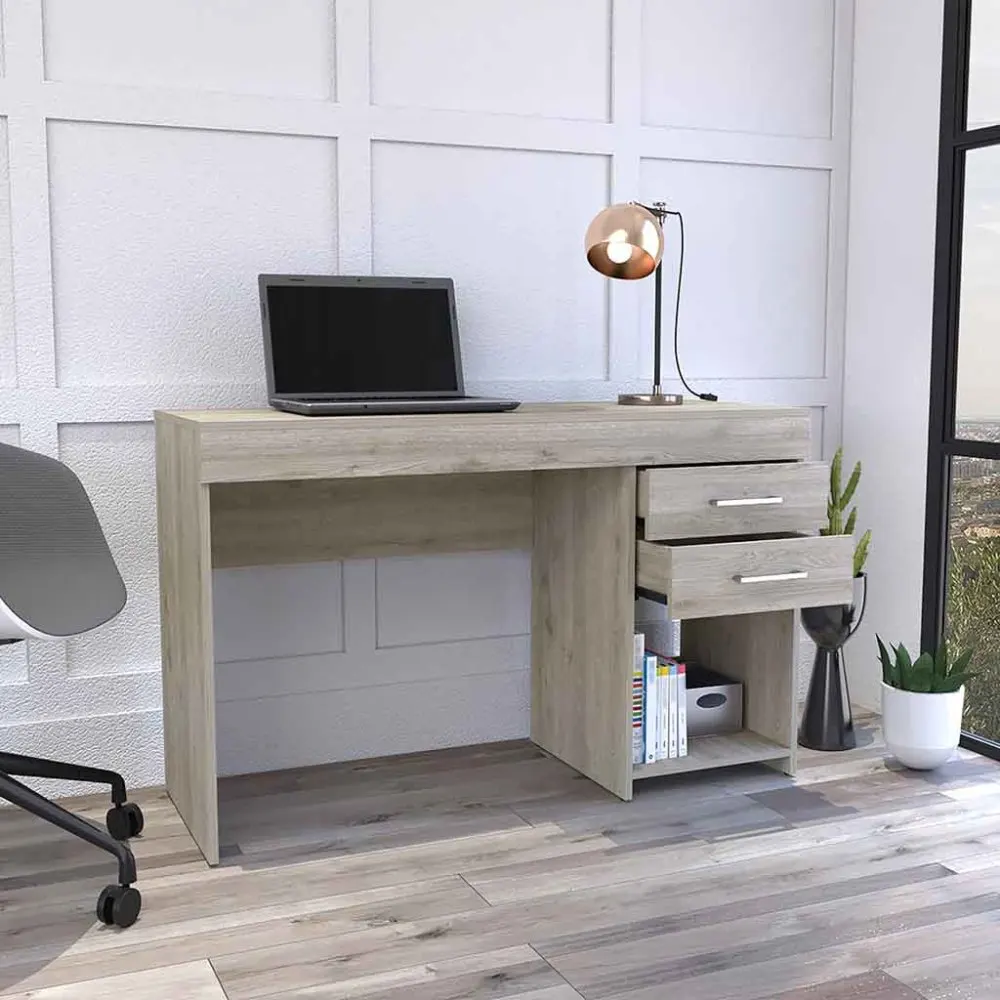 Computer Desk Two Drawers One Lower Shelf Light Gray