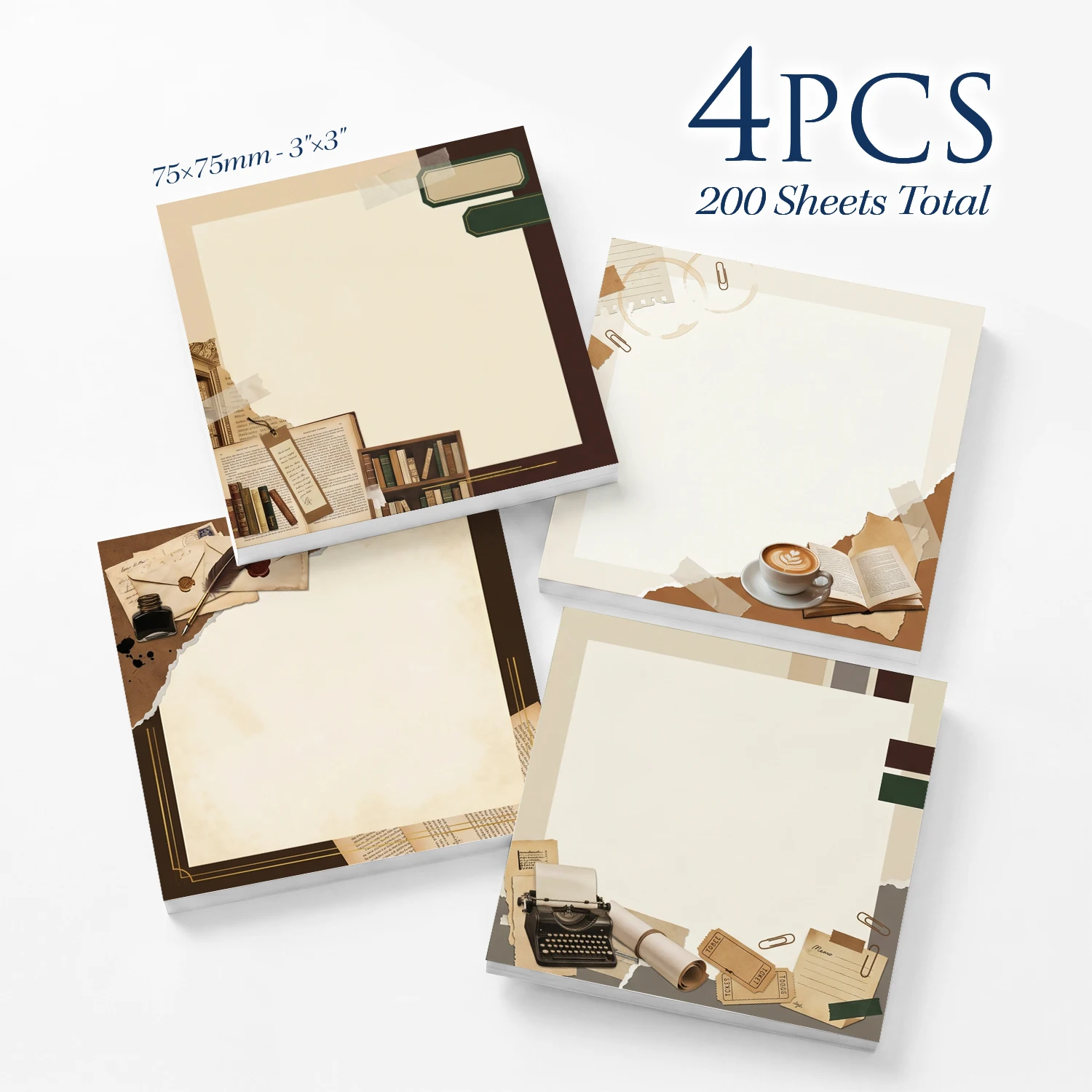 4pcs Vintage Library Sticky Notes Set, Book Coffee Typewriter Self Stick Memo Pads, 200 Sheets Total, Aesthetic Writing Notepads