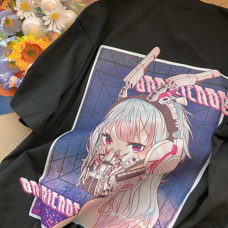 Frauen T-Shirt übergroße Kleidung Goth Tops Y2k Streetwear Mode schöne Anime Print T-Shirt Vintage lose Top Frauen