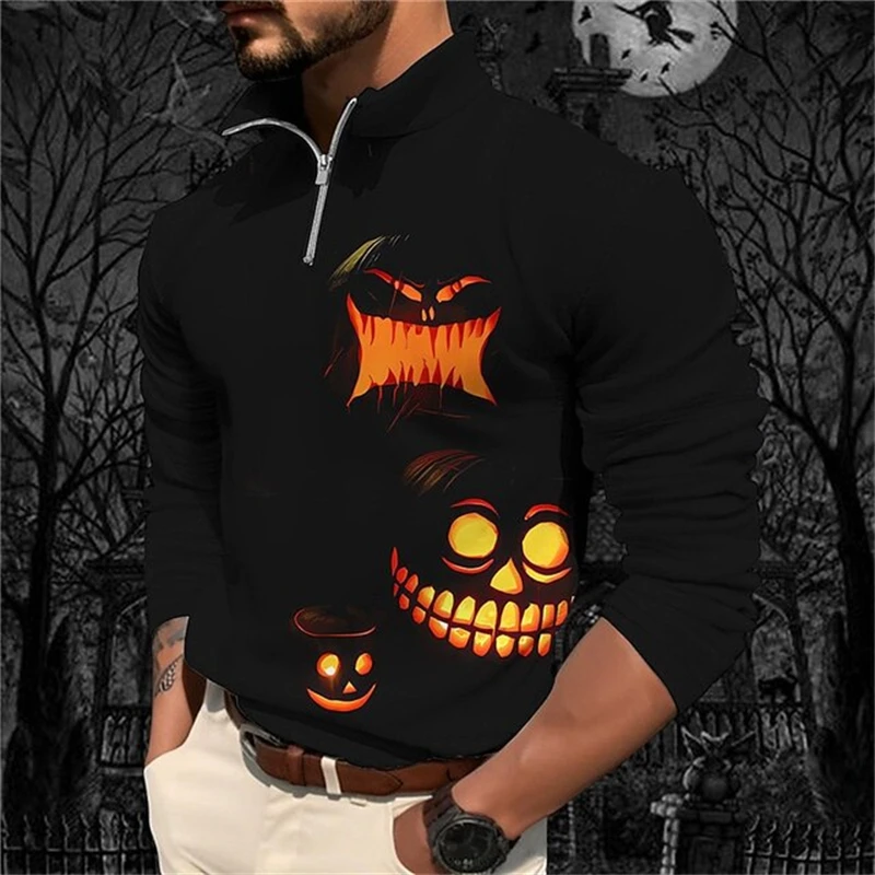 

Halloween Element Printing Pullover Half Zip Long Sleeve Men Sweatshirts Fashion Stand Collar Loose Tops Fall Trend Clothing Top