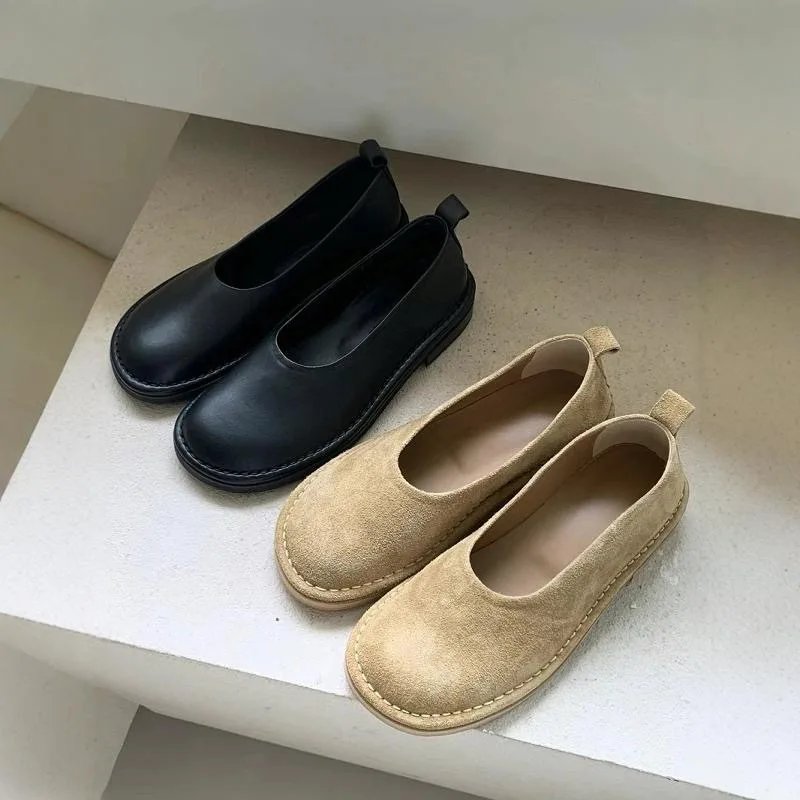 Square Toe Soft Casual Woman Shoe Female Footwear Shallow Mouth Black Flats Dress Retro Round Rome Lace-Up Rubber Leisure PU Sol