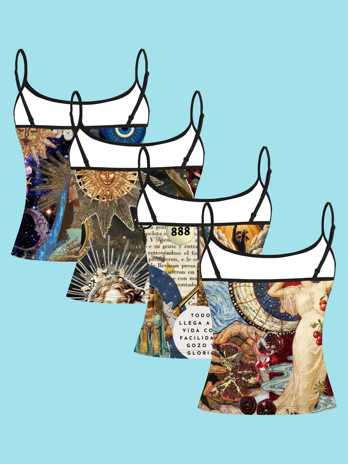 4-Piece Set of Mysterious Cosmic Tarot Collage Print Camisole for Women, Featuring the Sun Goddess, the All-Seeing Eye, and Starry Sky Oil Painting Design, Slim-Fit Spaghetti Strap Top