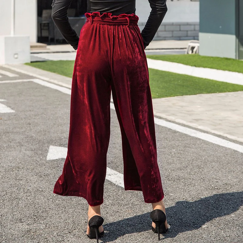 Bella Philosophy 2018 primavera terciopelo pierna ancha plisado pantalones sólidos mujeres Casual cintura alta moda Vintage largo