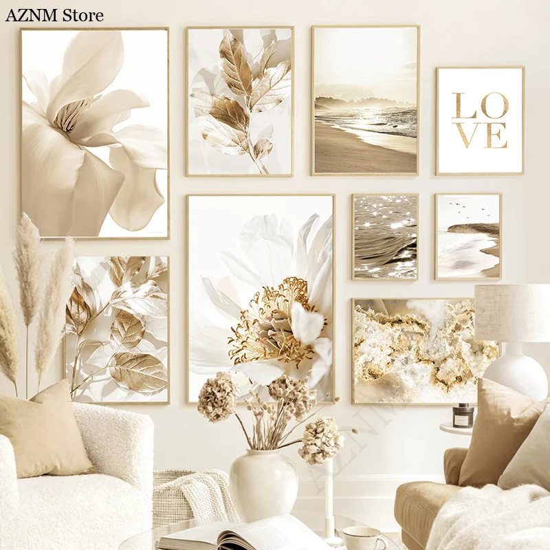 Nordisches Modernes Kunstbild Leinwanddruck Wandkunst Goldenes Blatt Strandlandschaft Poster und Druck für Wohnzimmer-Dekoration