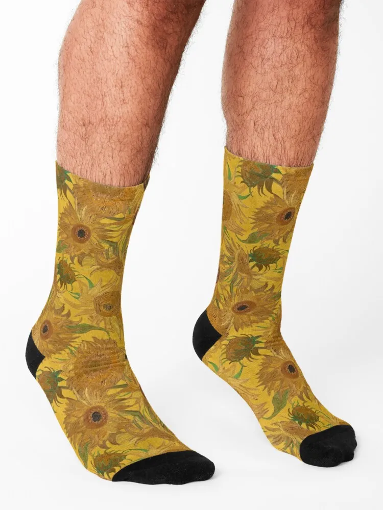 Van Gogh Sunflowers yellow green brown black Socks luxury anti-slip fashionable bright garter Woman Socks Men's