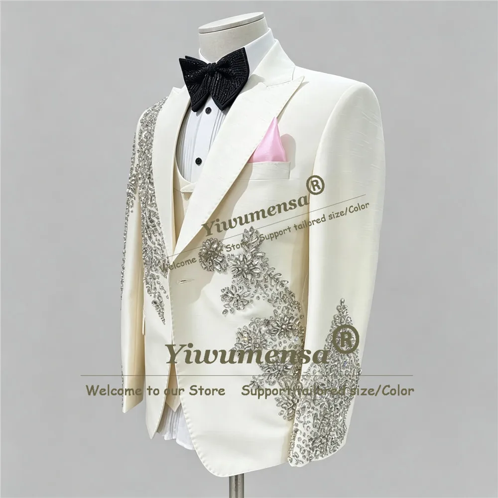Sparkly Beaded Stones Wedding Suits For Man Single Breasted Jacket Vest Pants 3 Piece Sets Groom Dinner Party Tuxedo Attire 2026