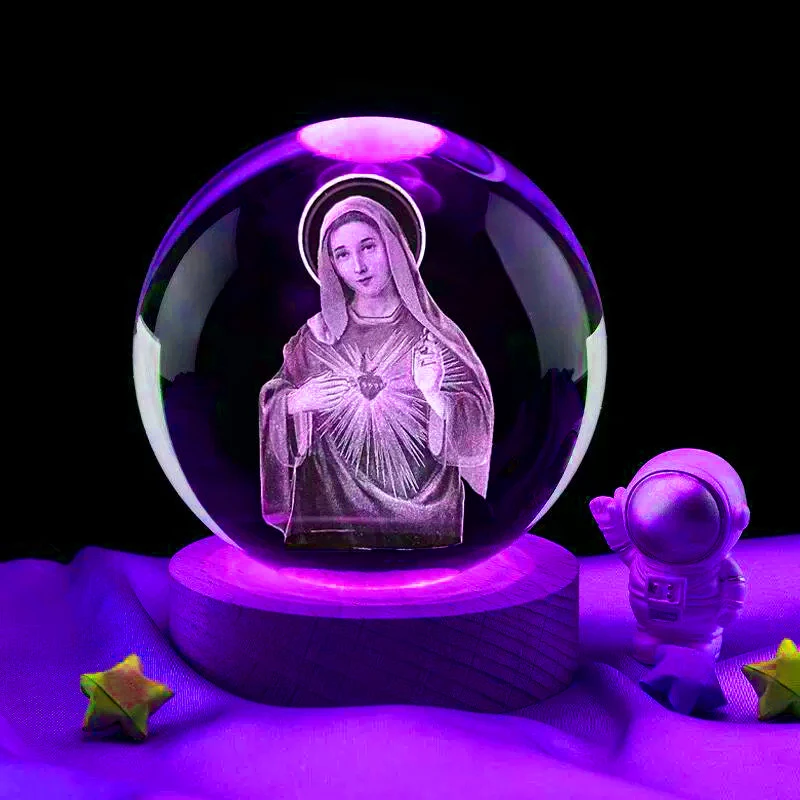 3D Virgin Mary Laser Engrave Crystal ball Colorful night light ,Religious gifts for women\'s birthdays, Maria Christmas Decoratio