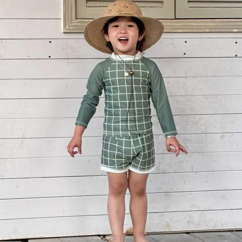 Conjunto de traje de baño de manga larga para niños, Top a cuadros a prueba de sol, bañadores de natación, traje de surf para niños pequeños