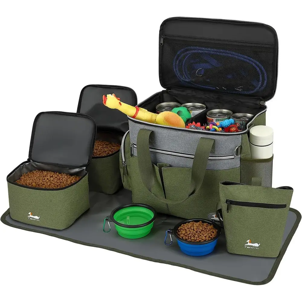 

Сумка для путешествий с собакой, 7 предметов: 2 контейнера для еды, 2 складные миски, 1 коврик для кормления, 1 сумка для лакомств, идеально подходит для поездок
