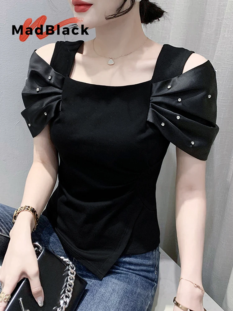 

MadBlack-Women European T-Shirt, Sexy Square Collar Diamond, Streetwear Short Sleeve Off Shoulder Slim Tee, 2025 Summer T52008CC