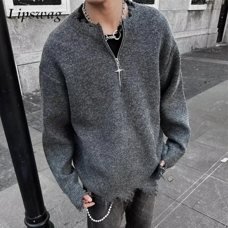 

Винтажный рваный свитер с круглым вырезом на молнии, мужской осенний повседневный однотонный джемпер с длинными рукавами, топ для мужчин, весенние свитера в стиле Y2K