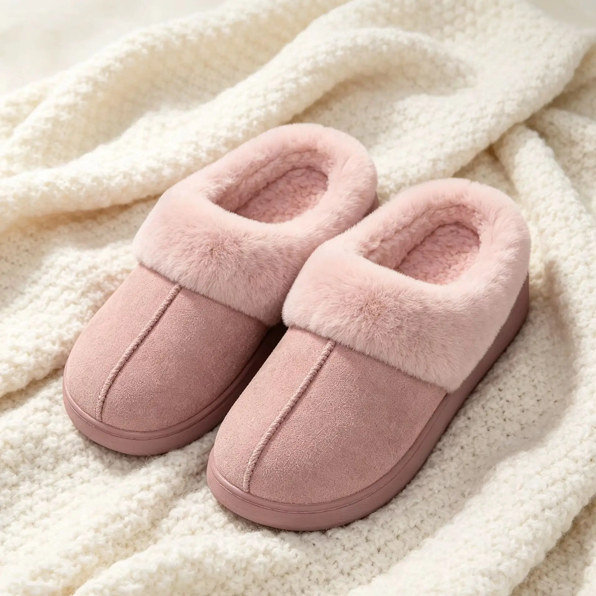 Smile Popcorn Women's Winter Fuzzy Slippers Closed Toe Soft Suede Plush with Fur Collar Non-Slip Warm Indoor House Shoes