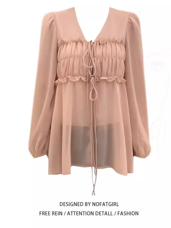 

plus Size Women's Vintage V-Neck Lantern Sleeve Shirt Loose Slimming Pink Top Korean Style Commute Fashion Regular Sleeve