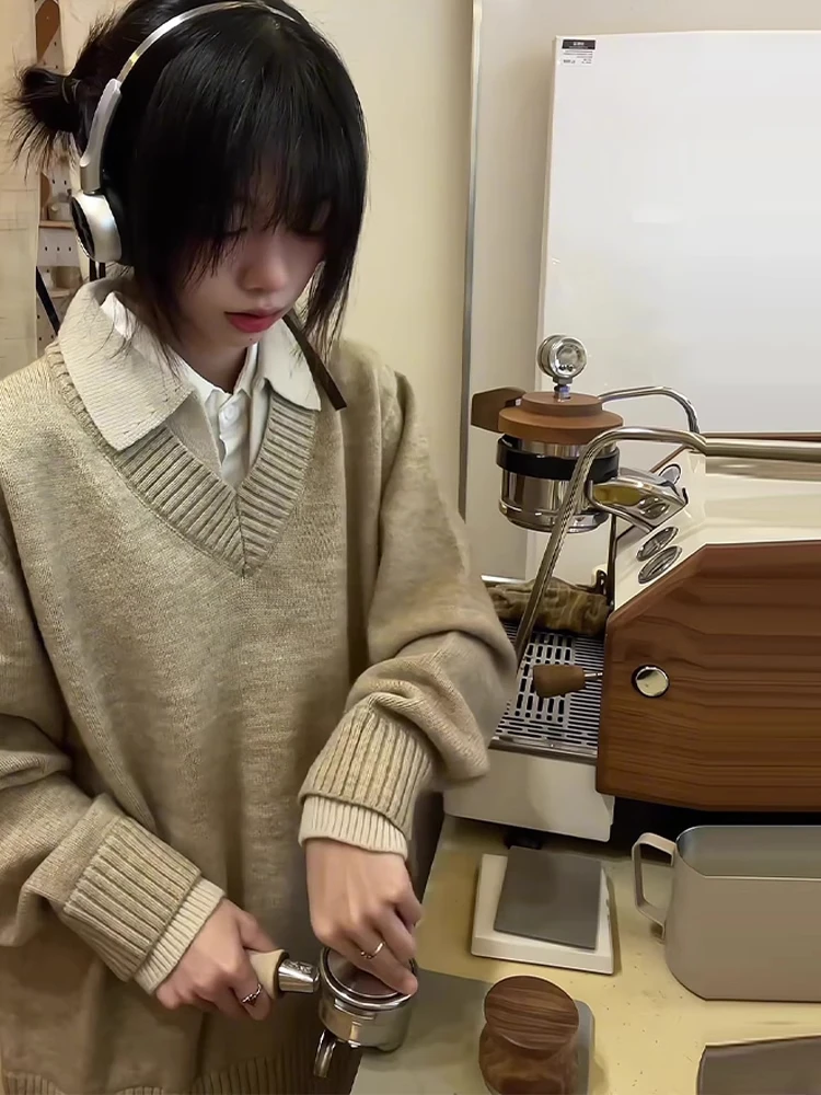 

Американский ретро-свитер Cleanfit с воротником, свободный крой, в стиле lazy style, унисекс, вязаный топ, модный V-образный вырез, с длинным рукавом, повседневная одежда