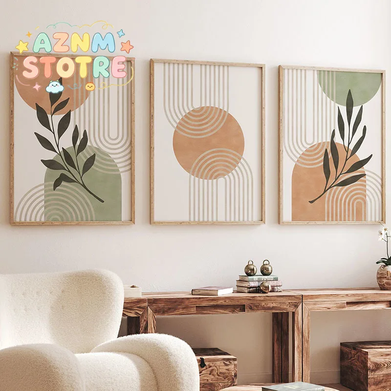 Boho Green Leaves Sun Line Rainbow Geometry Wall Art Canvas Painting Abstract Posters And Prints Pictures For Living Room Dec