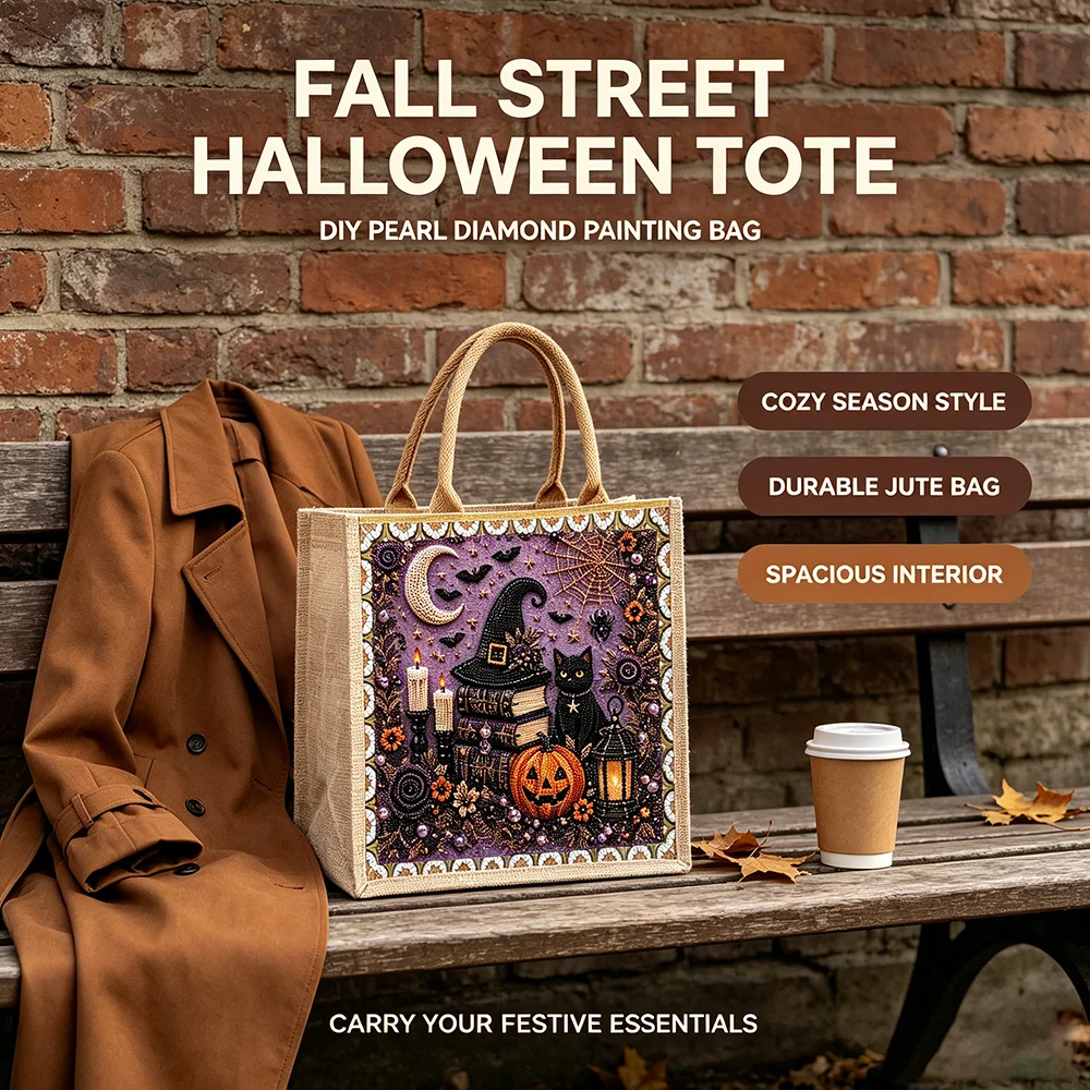 Halloween DIY Diamond Painting Jute Shopping Bag Witch Hat Black Cat Eco Burlap Grocery Tote Trick or Treat Candy Storage Pouch