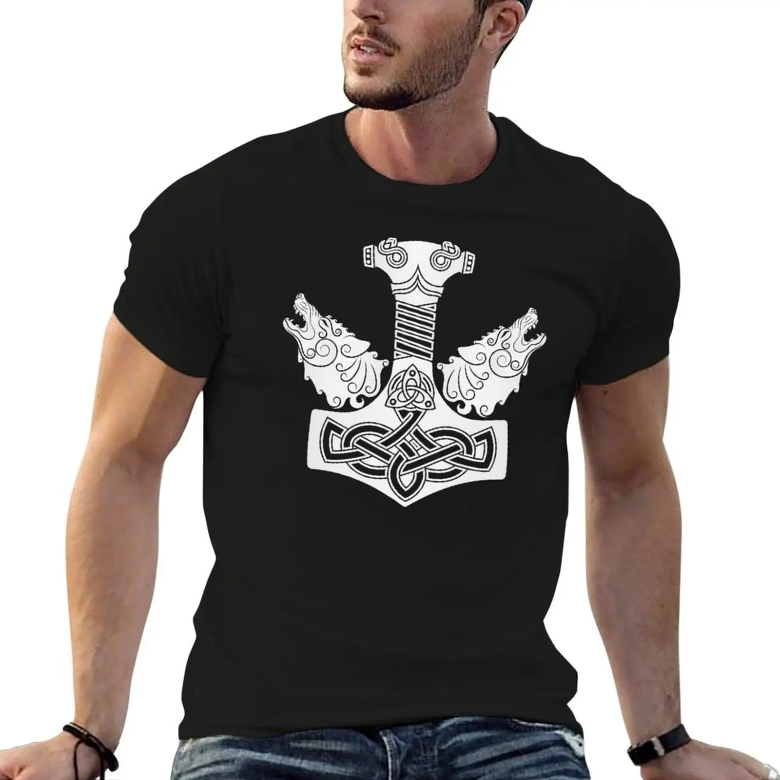Two wolves Hati and Skoll and Hammer Mjolnir T-Shirt funny t shirts cotton t shirt for man t shirts with prints T-shirt