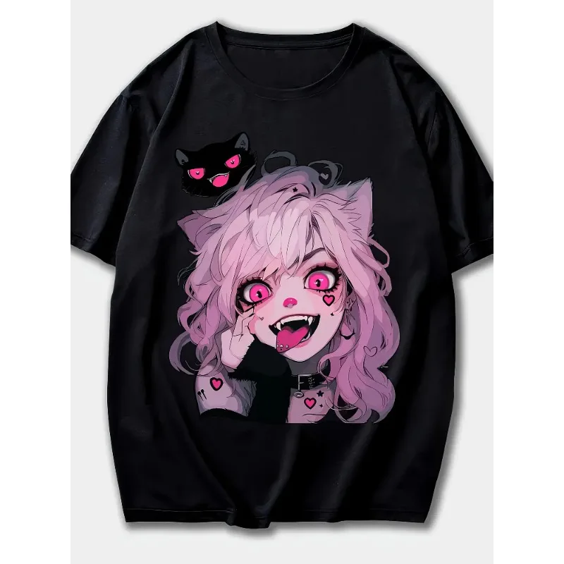 

Ladies' Cute Anime Cat Pattern Printed T-shirt Pink Hair and Heart Shaped Accessory Design Short Sleeve Round Neck Loose Top