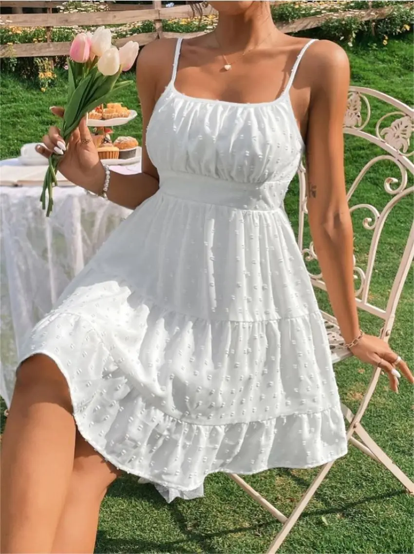 Summer women's sexy waist-cinching ruffled plain color sleeveless camisole dress