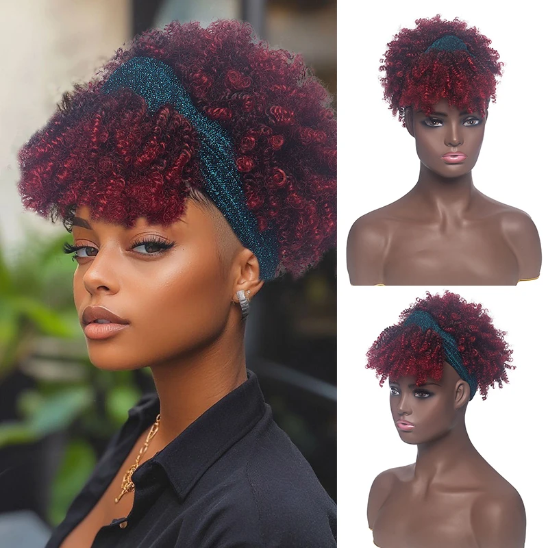 Synthetic Afro Puff Curly Headband Wig Short Kinky Curly Scarf Wrap Wig Afro High Fluffy Curly Head Band Wigs for Black Women