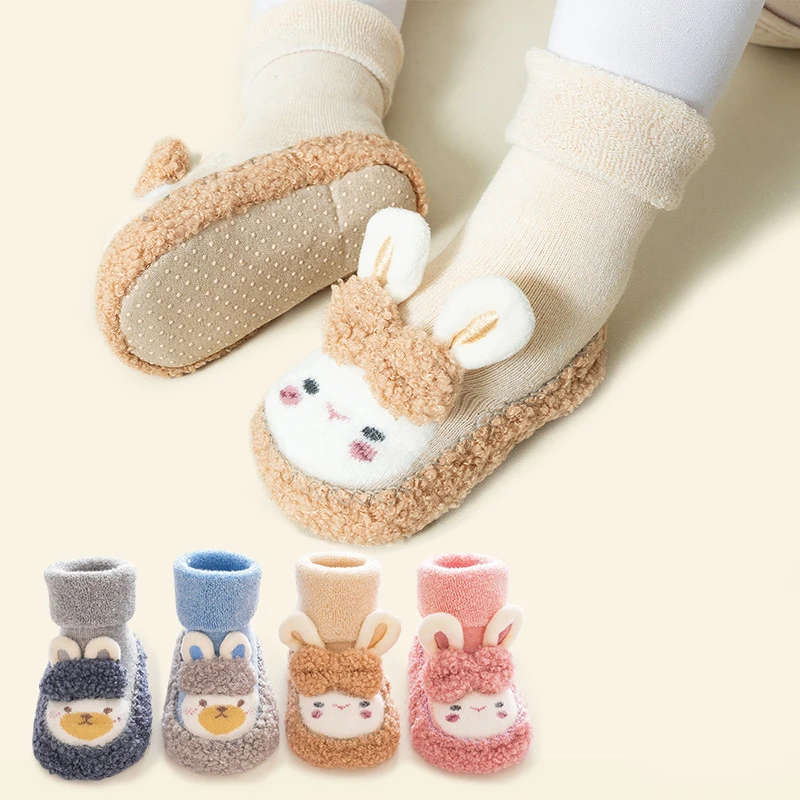 Suefunskry Baby Boy Girl Sock Shoes Fleece Rabbit Non-Slip Soft Sole Walking Shoes Cute Warm Shoes for Winter Fall