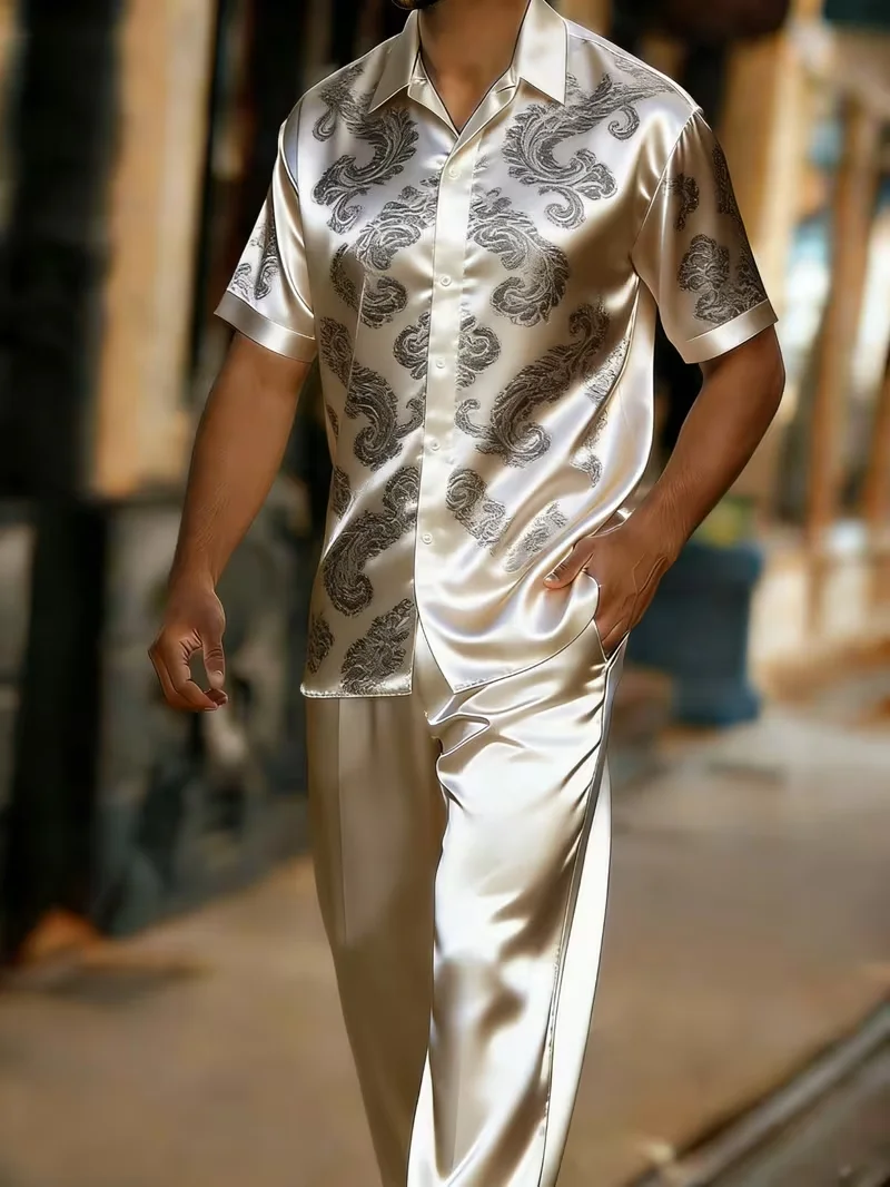 New Champagne Gold Pelis Cashew Flower Two Piece Elegant Luxury Men's 3D Printed Short Sleeve Shirt Pants Set view 3