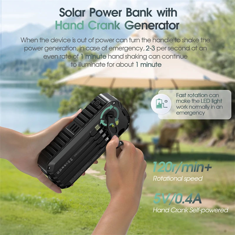 Hand Crank Power Bank 20000mAh Solar Charger 22.5W Fast Charging Powerbank Built in Cable Compass External Battery Poverbank