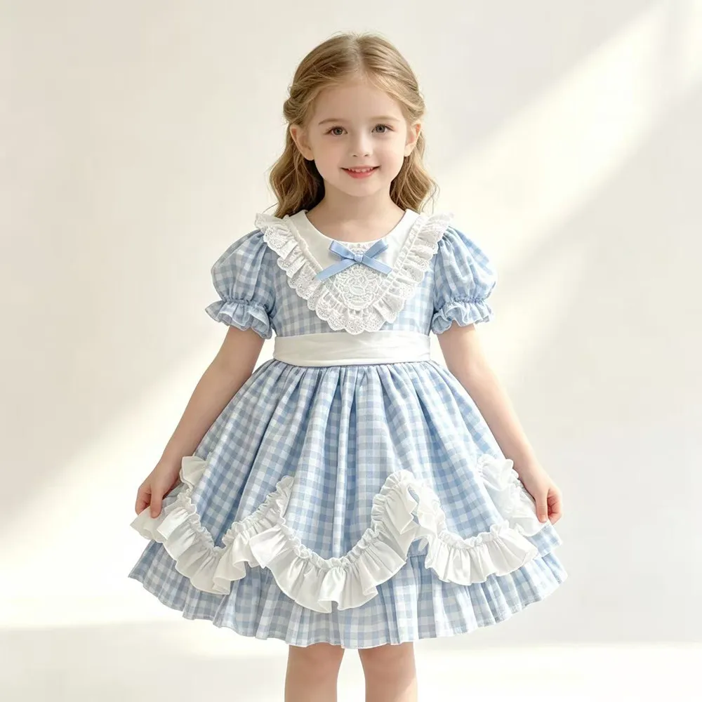 Girls Summer Dress 2026 New Fashion Toddler Korean Style Plaid Lolita Princess Dress Stylish Kids Clothing