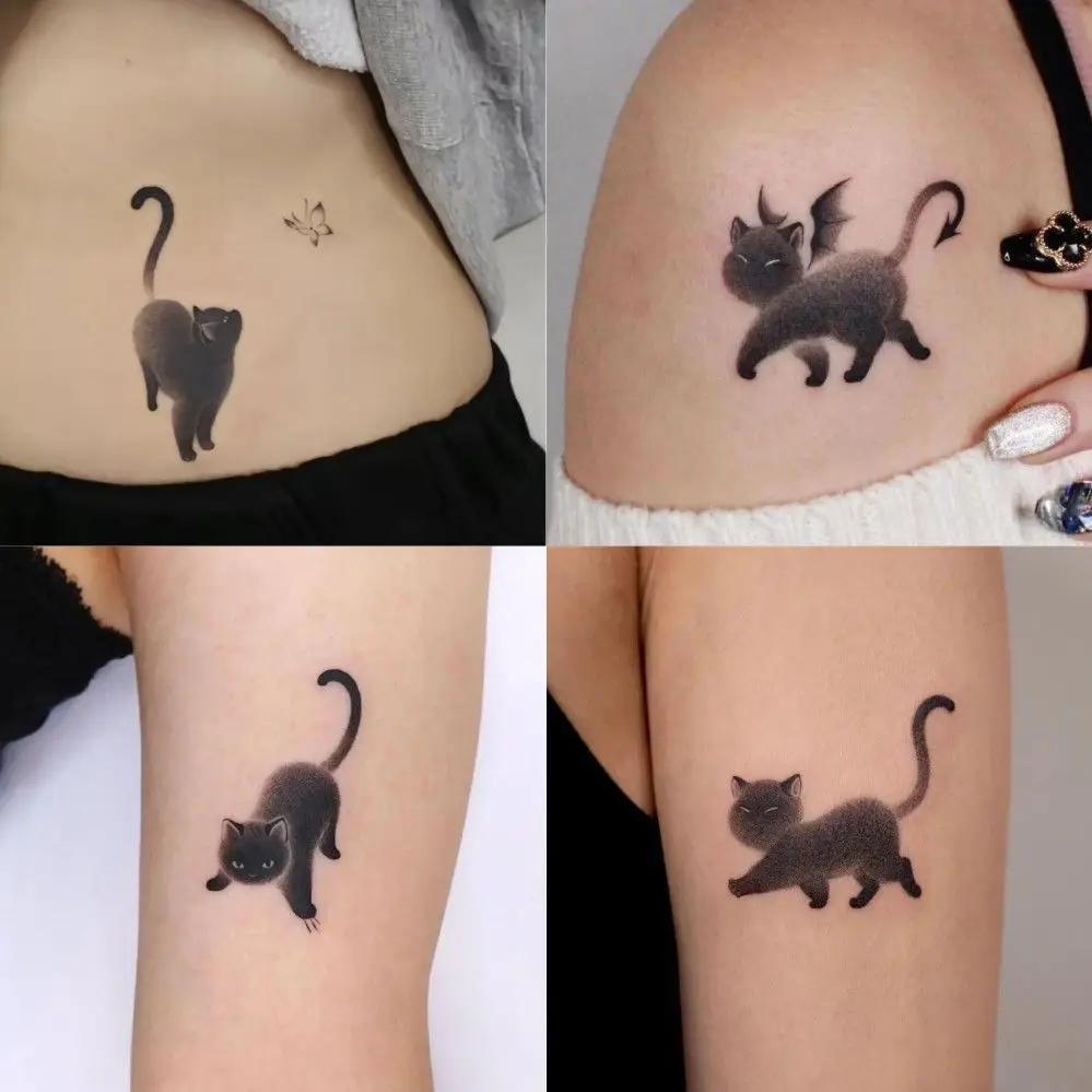 Black Cat Tattoo Stickers para homens e mulheres, desenhos animados falsos, impermeável, duradouro, bonito, arte do braço, tatuagens temporárias