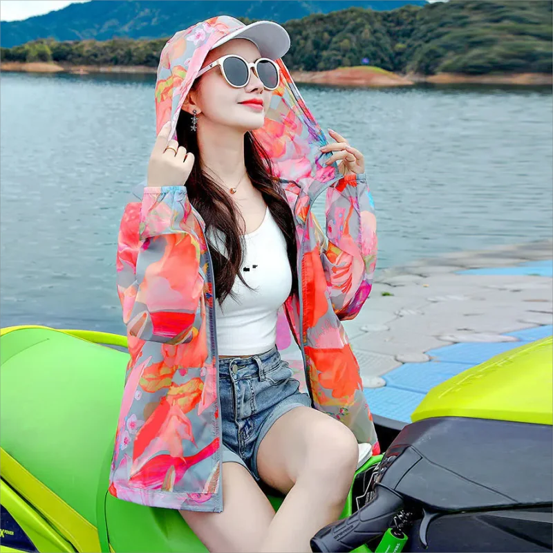 Women Loose Lightweight Printing Sunscreen Clothing Hooded Long Sleeved Transparent Temperament Jacket Summer 2025