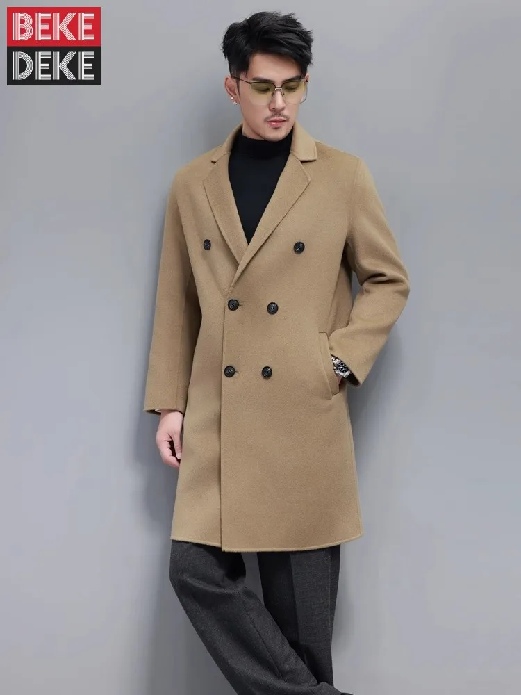 

Italian Designer Mens Business Work Slim Fit Double Sided Wool Coat Woolen Blends Trench Mid Long Double Breasted Windbreaker