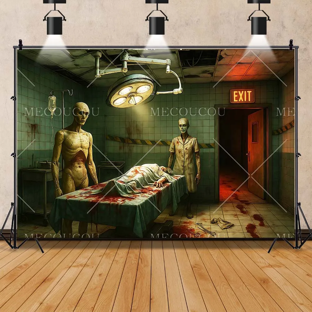 Halloween Horror Gloomy Hospital Background Custom Abandoned Zombie Doctor Emergency Room Wheelchair Decor Photography Backdrop
