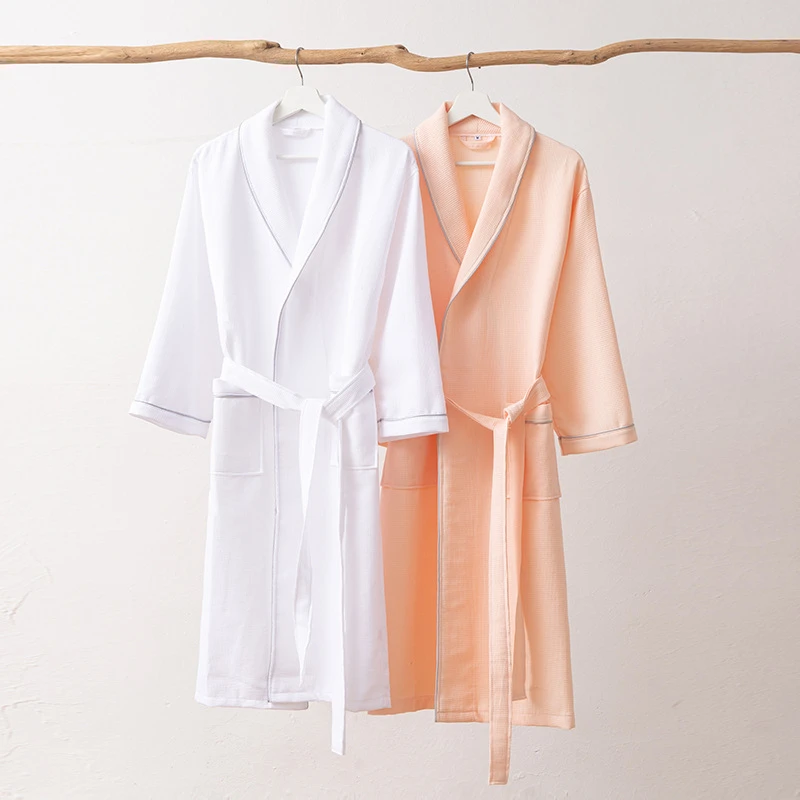 Four Season Pure Cotton Waffle Robe Women Nightgown Kimono Bathrobe Bath Gown Elegant Sleepwear Couples Water Uptake Hotel Robes