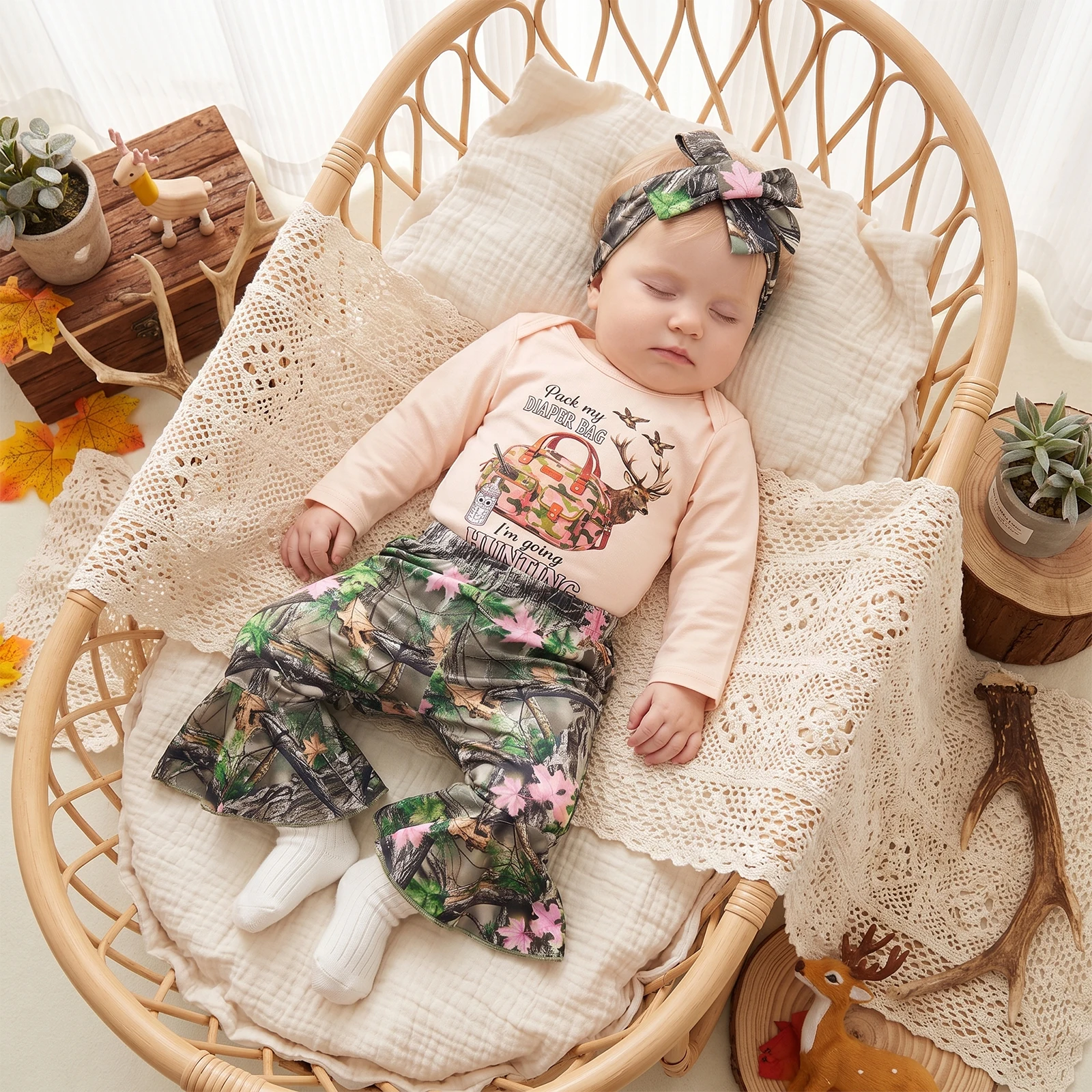 Infants Baby Girl Fall Outfits Long Sleeve Romper with Bell Bottom and Headband Cute Baby Autumn Clothes Set