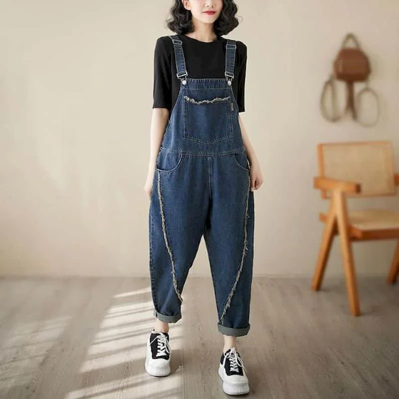 

Denim Jumpsuits Loose Casual Straight Flash Jeans Korean Fashion Solid Vintage Blue Rompers One Piece Outfits Women Clothing