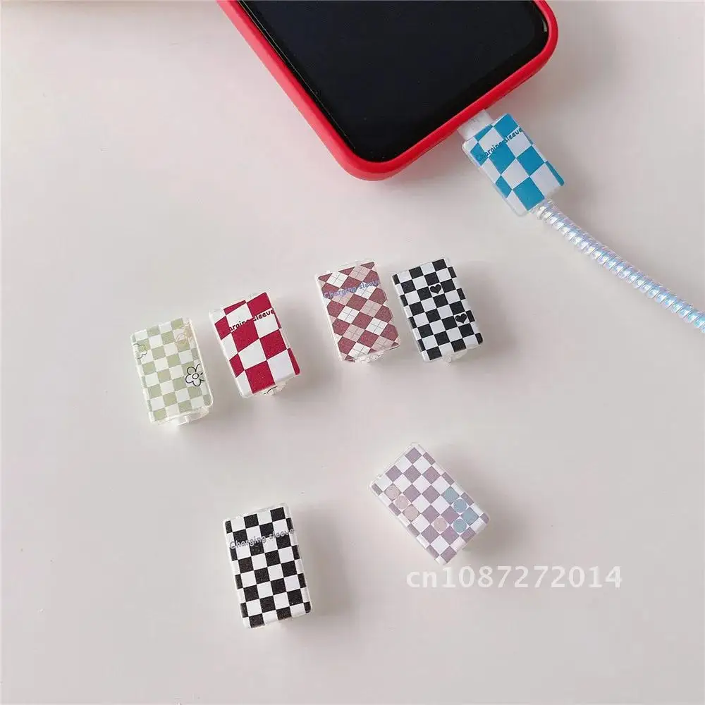 

Cute Cartoon Charger Protector Cable Organizer Checkerboard Cable Protector For iPhone Universal Data Line Cord Cable Winder