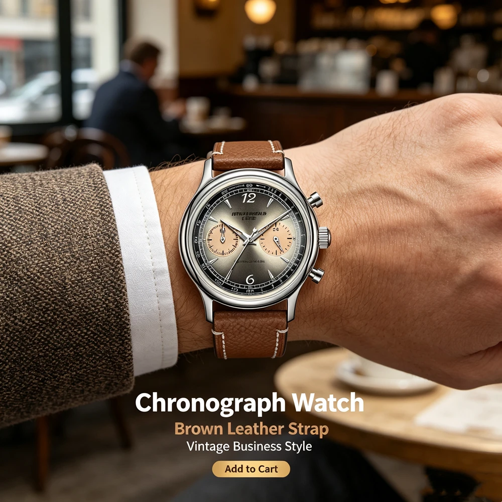 VK64 Vintage Chronograph Men Watch Retro Pilot Quartz Wristwatch Military Green Smoky Gray Dial Business Casual Gift for Him