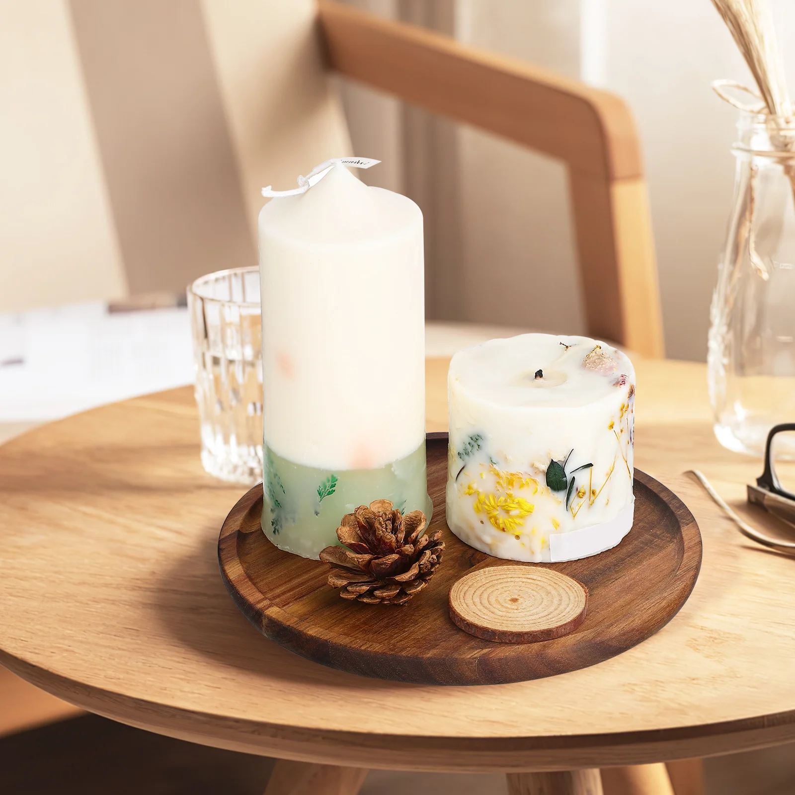 

2Pcs Real Wood Round Decorative Tray Rustic Wood Serving Tray for Coffee Table Home Decor Snacks Wooden Pallets