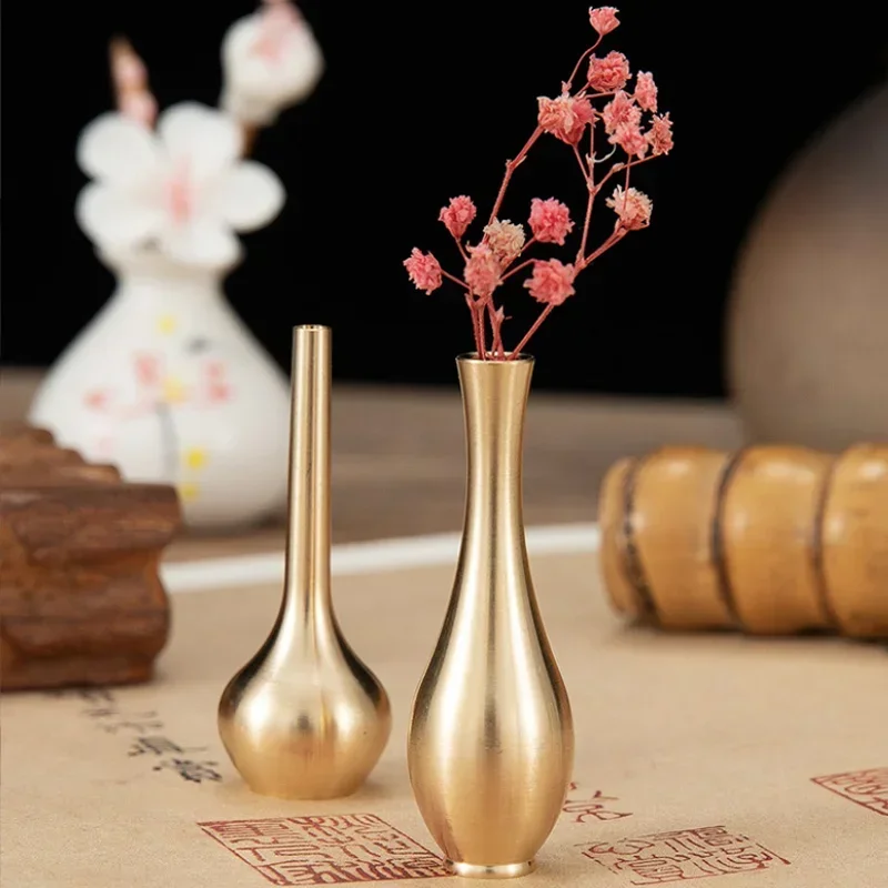 1Pc Mini Pure Copper Vase Desktop Copper Vase Decorative Antique Vase Metal Living Room Flower Arrangement Creative Ornaments