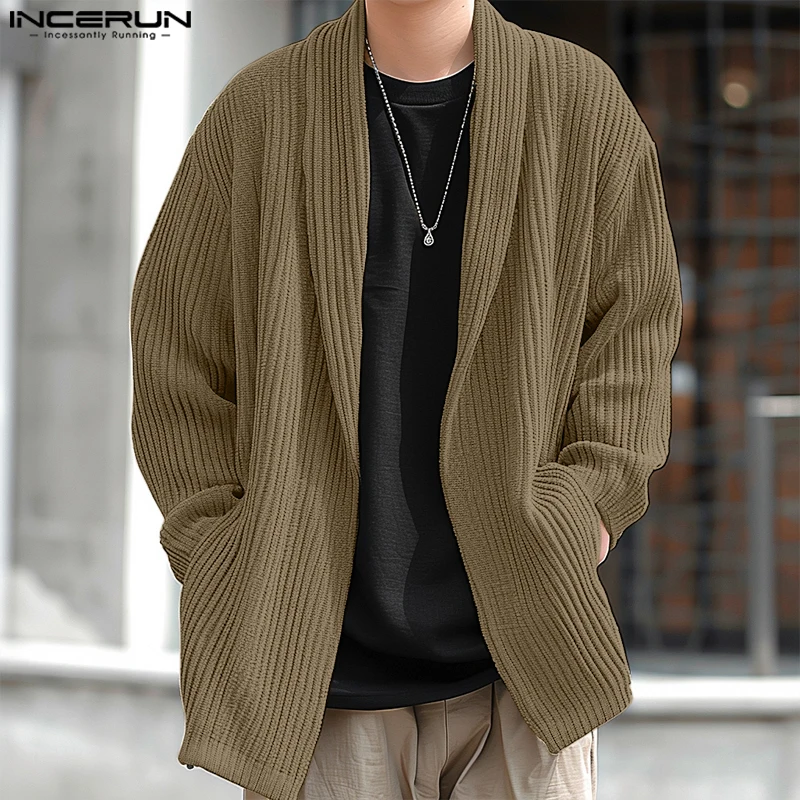 INCERUN Men Causal Long Sleeve Cardigans 2024 Autumn Loose Fashion Texture Stripes Kimonos Solid Color Elegant Simple Sweaters