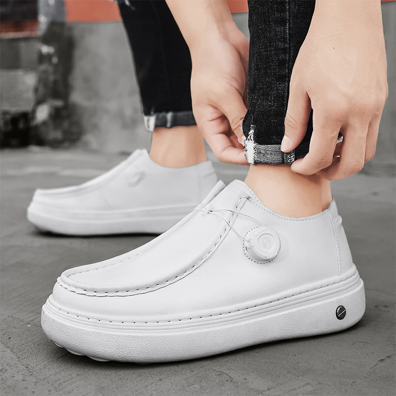 

2025: белые туфли на платформе, мужская обувь, повседневная удобная легкая рабочая обувь, модные нескользящие кожаные туфли без шнуровки, увеличивающие рост