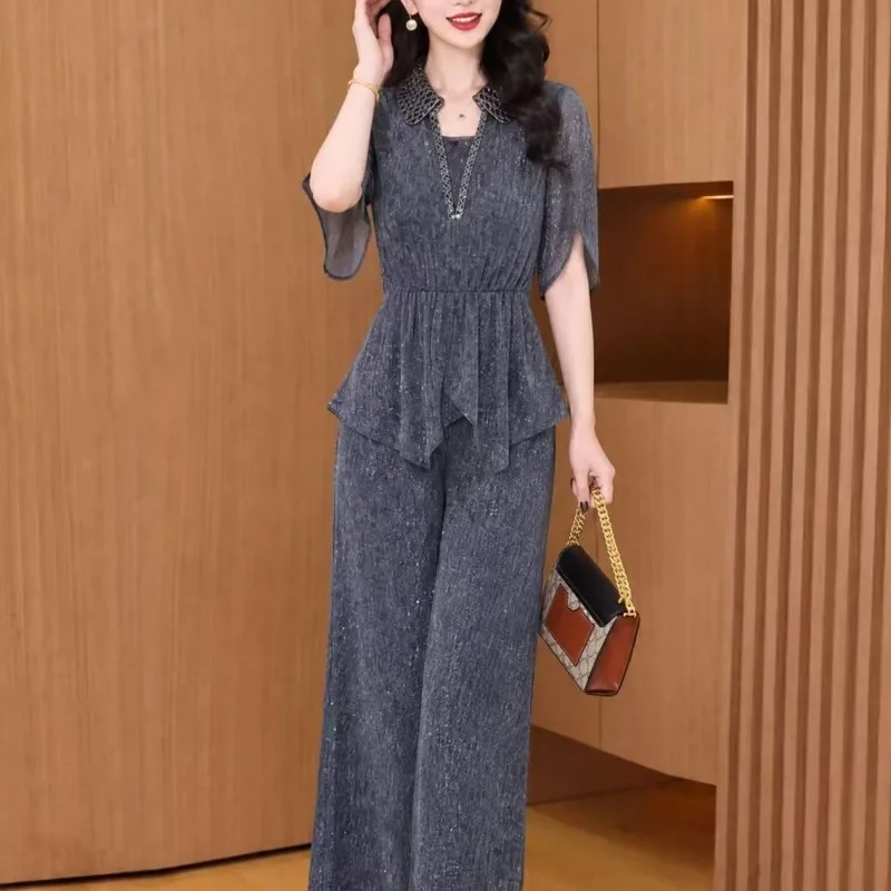 Fashion Women's New Two-piece Set 2026 Summer Age-reducing Light Luxury Versatile Waist and Thin Top Casual Wide-leg Pants Set