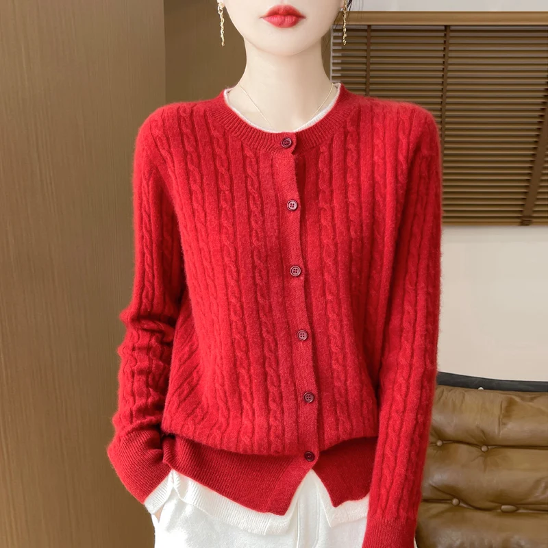 Autumn and winter new 100% merino wool women\'s round neck color matching fake two cardigan loose twist cashmere sweater knit top