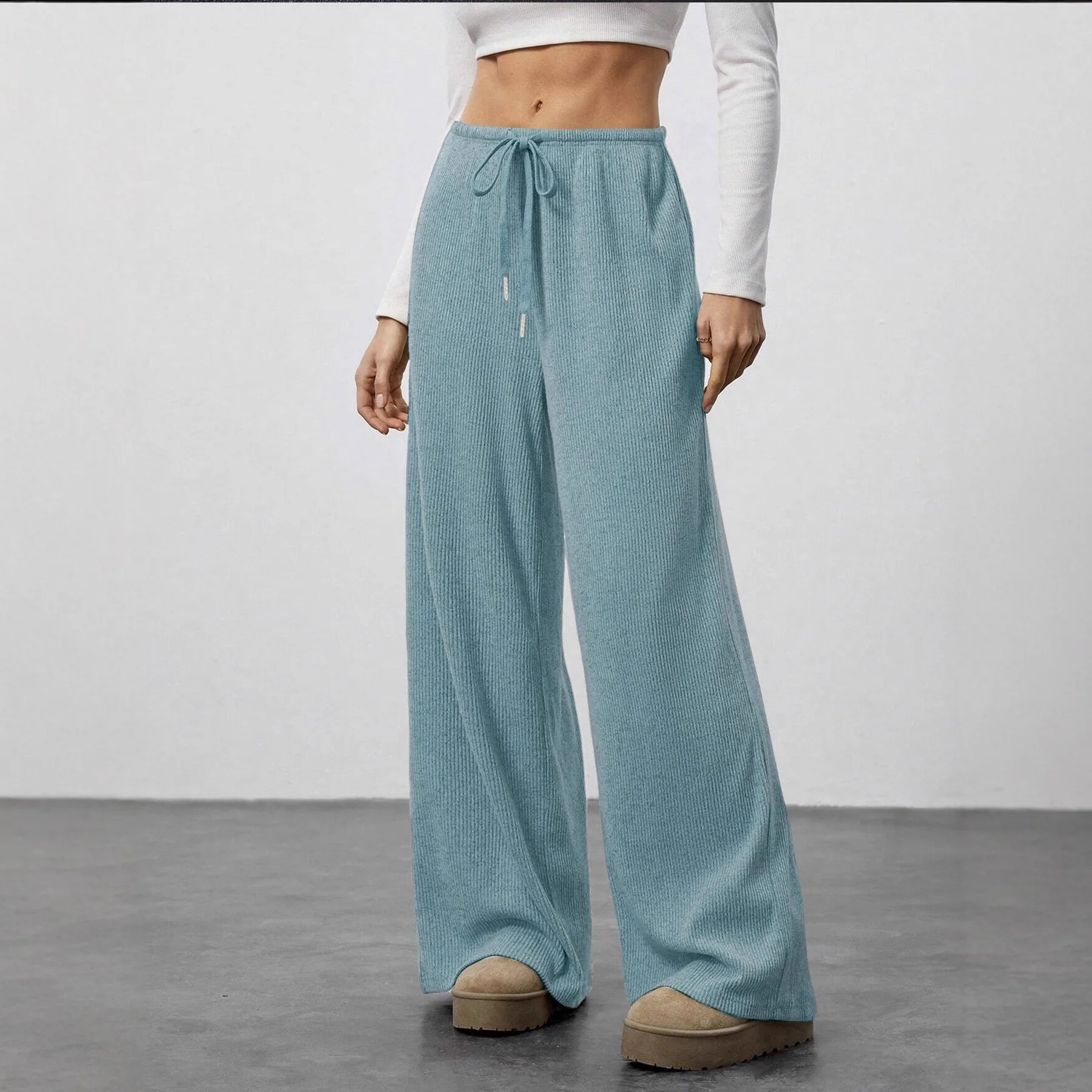 Women's Casual Trousers Draped Style Spring Summer Fashion Drawstring Wide Leg Long Pants Low Waist Loose Fit Other Material