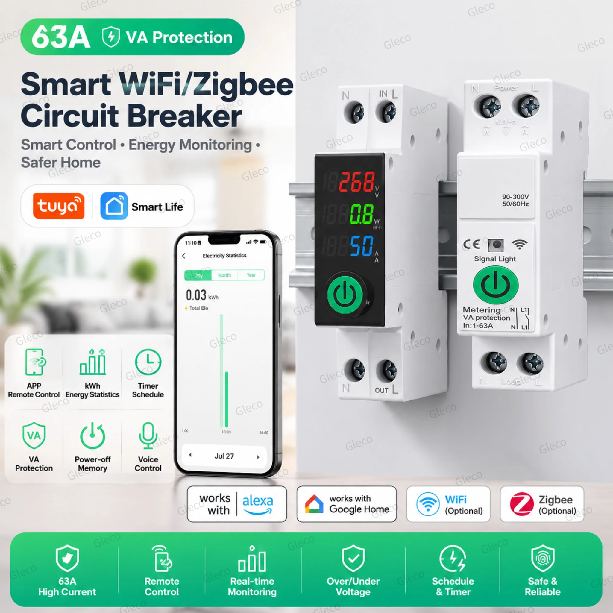Tuya WiFi Smart Circuit Breaker Zigbee 63A Relay Switch MCB 1P+N Kwh Timer Voltage Current Protect Power Meter For Alexa Google