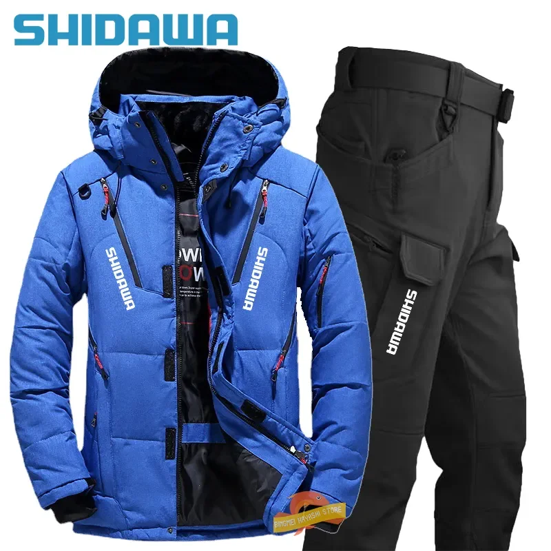 New Men Winter Thicken Warm Fishing Suits Outdoor Windproof Breathable Fishing Multi Pocket Hooded Down Jackets+waterproof Pants